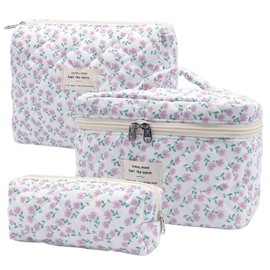 Pack of 3 Women's Cosmetic Bag Toiletry Bag with Floral Pattern, Toiletry Bag, Make Up Bag, Portable Makeup Bag, Wash Bag, Large Women Girls for Everyday Use and Travel, lilac flowers, Fashion