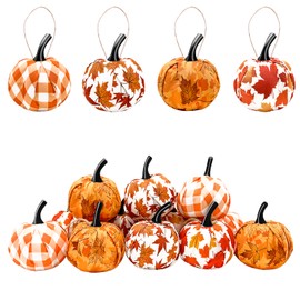 Sfcddtlg 12 Pcs Fall Thanksgiving Day Hanging Pumpkin- Maple Leaf Gingham Fabric Wrapped Hanging Ball Ornament for Farmhouse Fall Autumn Thanksgiving Party Home Décor