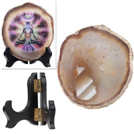 mookaitedecor Chakra Symbol Agate Disc with Wooden Stand, Irregular Agate Stone Figure for Office Home Decor and Reiki Healing