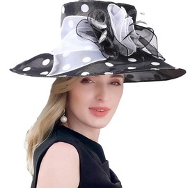 Organza Kentucky Dots Fascinator Hat for Women Ladies Wide Brim Big Sun Hats Party Church Hat Derby Cap Black and White