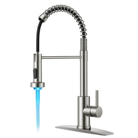 FORIOUS LED Kitchen Faucet with Pull Down Sprayer, Brushed Nickel Modern Single Handle Stainless Steel Commercial Spring Sink Faucet with LED Light for Pot Filler, Farmhouse Camper Bar Laundry Room
