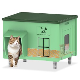 Tepoal Large Plastic Heated Cat House for Outside, Elevated Outdoor Cat Shelter 100% Weatherproof & Insulated with Safe Escape Door, Outdoor Cats House with Heated for Barn Cats Green 21.6"X17"X17.5"