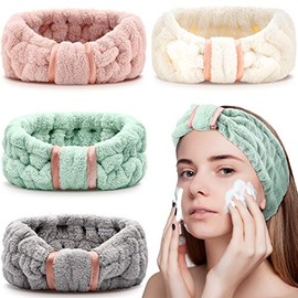 Paquete de 4 diademas de microfibra para spa facial, diademas de maquillaje, diademas elásticas de tela de rizo para mujeres y niñas, lavado facial, ducha, yoga, deportes (rosa, verde, blanco y gris)