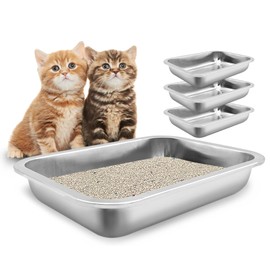 Fhiny 4Pack Stainless Steel Kitten Litter Box, Small Size Low Entry Metal Cat Open Litter Pan Potty Kitten Training Toilet Odor Control Smooth Surface Easy to Clean for Kitten Bunny