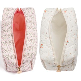 HHQQWZ Makeup Bag Travel Cosmetic Bag for Women Girls, Zipper Make Up Pouch, Floral Flowers Toiletry Organizer Makeup, Portable Storage Cosmetic Travel Cloth Bag (Pink+White Small Flower)
