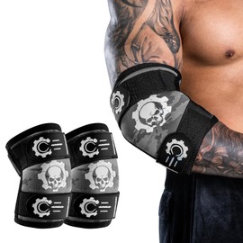 MANUEKLEAR 5mm Neoprene Weight Lifting Elbow Sleeves for Men (1 Pair), Elbow Sleeves Weightlifting Men with 2 Adjustable Compression Straps for Bench and Powerlifting & Weightlifting (Slate Grey, XXL (11.8-12.6in))