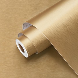 Wallercity Gold Self Adhesive Metal Contact Paper 24''x118'' Metallic Gold Stainless Steel Contact Paper for Appliances Vinyl Refrigerator Wrap Brushed Metal Look Wallpaper Peel and Stick Countertops