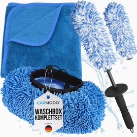 CARMODO Wash Box Set - Premium Wash Brush Cover - 70 x 50 cm Absorbent Drying Cloth - Microfibre Rim Brush Extra Thin + 2 x Covers - for Gentle Washing without Scratches - Car Cleaning Set