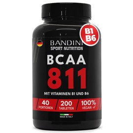 Bandini® BCAA RAMIFIED AMINO ACIDS 8 1 1 | 200 Tabletten für 40 Portionen | Fermentierte Aminosäuren mit Vitamin B1 und B6 | 8.1.1 mit Leucin, Isoleucin, Valin | Intra Pre Post Workout | 8:1:1 Vegan