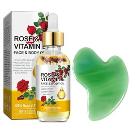 Aceite facial de vitamina E, aceite de vitamina E de rosa con herramientas de masaje Gua Sha para cara y cuerpo, aceite de rosa orgánico para hidratac