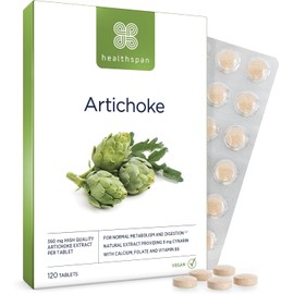 Healthspan Artichoke Extract 360mg – 120 Vegan Tablets | High Strength Digestive & Liver Health Support | With 7.2mg Cynarin, Calcium, Folate & Vitamin B6 | Plant-Based Formula to Support Metabolism & Detox