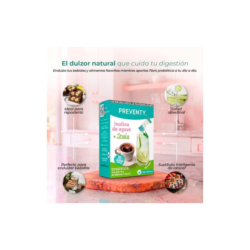 STEVIA+INULINA Endulzante con Fibra Prebiótica, Caja 40 Sticks