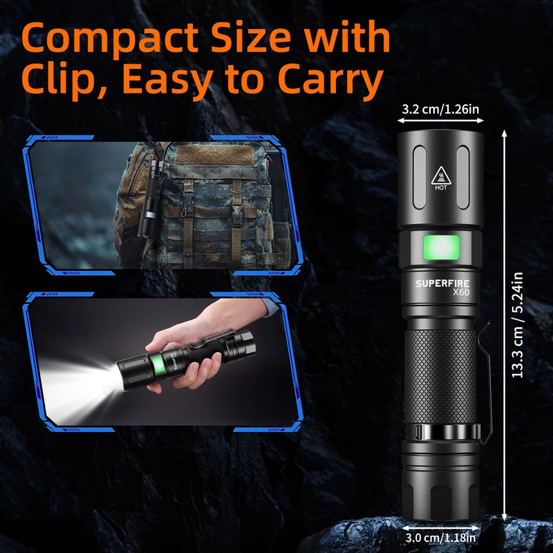 SuperFire 1000-Lumen Tactical Flashlight - Rechargeable, Zoomable LED Flashlight with