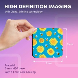 Destination Vinyl ltd Great Coasters (Set of 4) Square - Sunflowers Bumblebee Light Blue Drink Glossy Coasters/Tabletop Protection for Any Table Type #13173