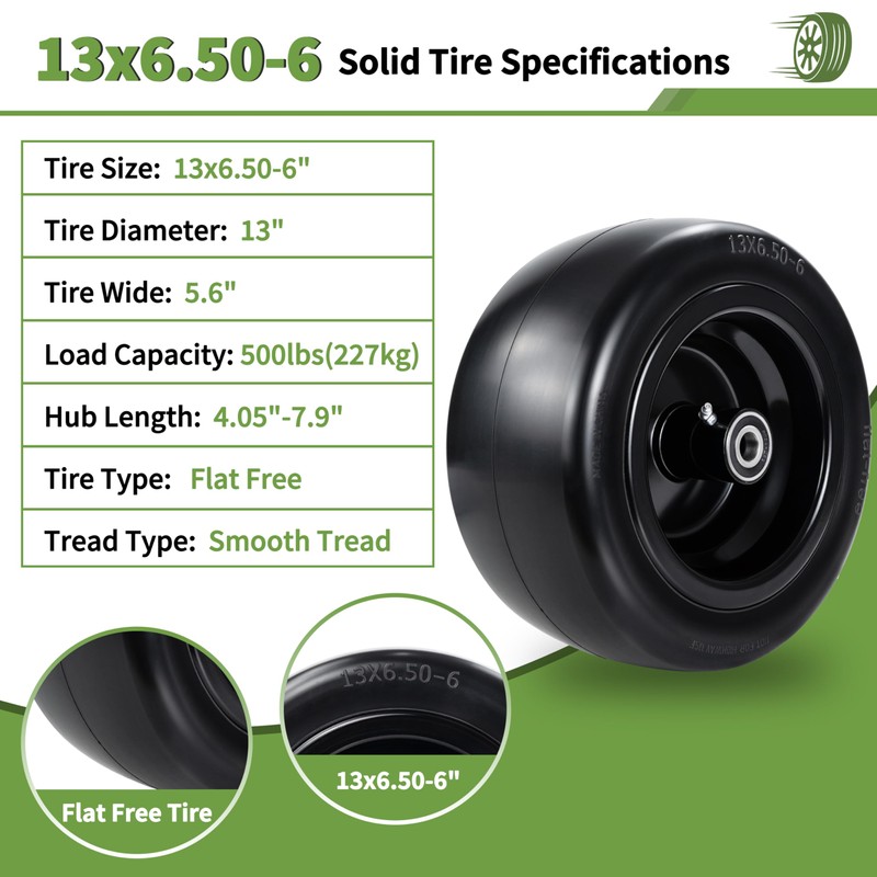 2PCS 13x6.50-6 Flat Free Front Zero Turn Lawn Mower Tires,