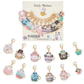 PLIGREAT 12 Pcs Coffee Cup Cat Stitch Marker Set Colorful Alloy Removable Locking Knitting Markers for Weaving Sewing Quilting DIY Necklace Bracelet Making Accessories Christmas Gifts