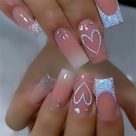 Heart Press On Nails Medium Square Fake Nails Glitter Glossy Acrylic False Nails with Rhinestones Designs Ombre Pink Full Cover Press Ons Fall Winter Holiday Stick on Nails for Women 24Pcs