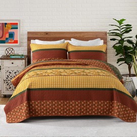 VatinHK 100% Cotton Quilt Set Queen Size - Striped Plaid Patchwork Queen Bedspreads, Yellow Floral Bedding Quilt Sets, All Seasons Lightweight Vintage Coverlet with 2 Pillow Shams, Reddish Brown