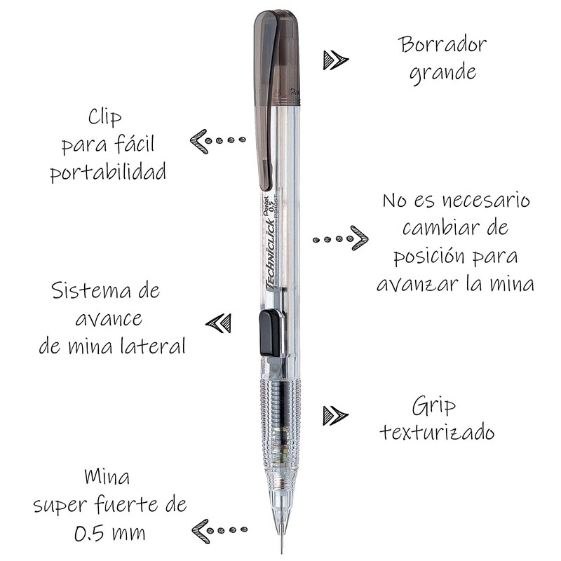 Pentel PD105BP2-A Lapicero Techniclick, Negro, Blíster 2 piezas, 0.5 mm