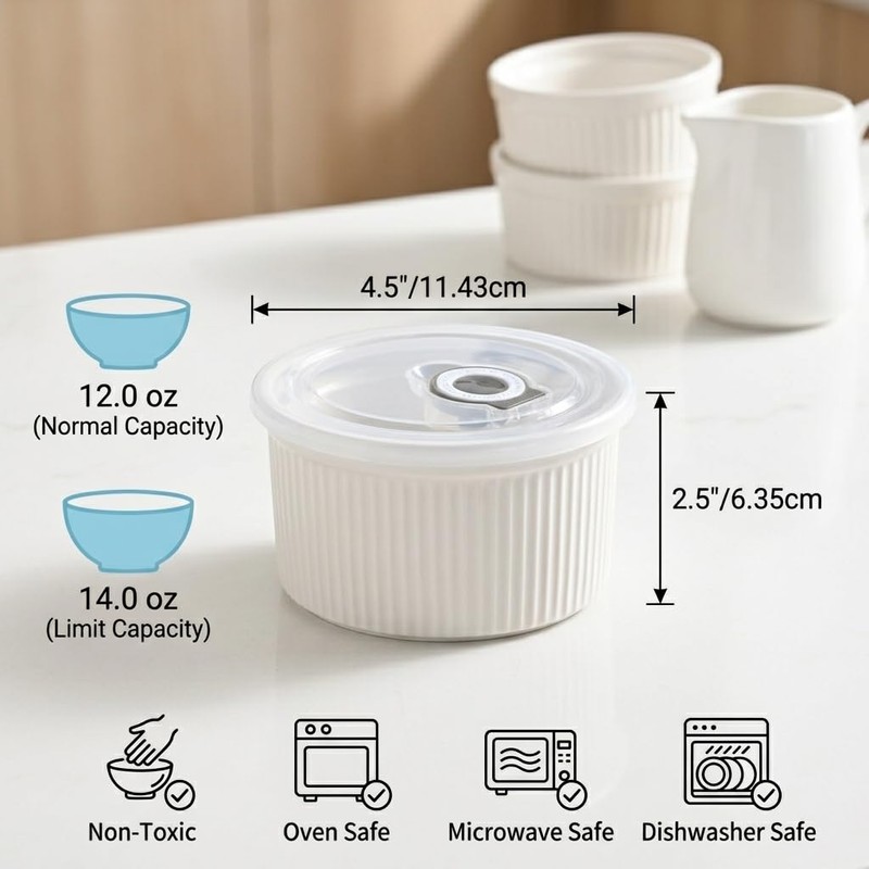 14 oz Ceramic Ramekins with Lids, Set of 4 Oven