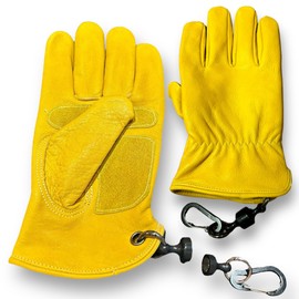 [Chez-M] Genuine Cowhide Leather Multi-functional Gloves with Carabiner & Magnet, Perfect for Camping, DIY Work, Beginners, Leather Gloves (M)