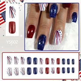 24Pcs Independence Day Press on Nails Medium Square Fake Nails Red Blue Glitter Designs Full Cover Artificial Patriotic Nails Stripe Star Glue on Nails 4th of July for Women Girls Acrylic Nail Decor
