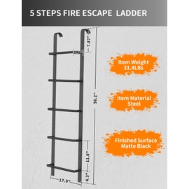 5-Rung Window Well Ladder, Heavy Duty Steel Basement Egress Ladder, Fire Escape Ladder for Emergency Home Safety(56.2" Lx17.9 W, Hooked, Matte Black)