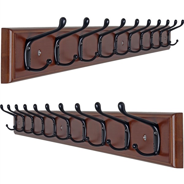 Dseap Coat Rack Wall Mounted: 10-Hooks, 16" Hole to Hole, 38-1/4" Long, Wood Coat Hooks Wall Mounted, Hook Rack, Hook Rail, Hooks for Hanging Coats, Brown & Black, Pack of 2