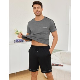 Crewhpo Men's Short Cotton Two-Piece Pyjamas Short Sleeve with Crew Neck Pyjamas Men in Contrast Colour Sleepwear Loungewear Summer, Dark grey + black, 3XL
