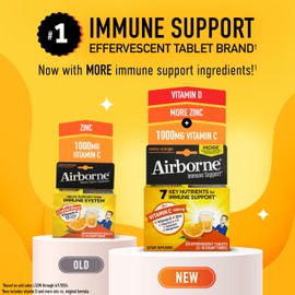 Airborne 1000mg Vitamin C With Zinc Effervescent Tablets, Immune Support Supplement With Powerful Antioxidants Vitamins A C & E - 20 Fizzy Drink Tablets, Zesty Orange Flavor