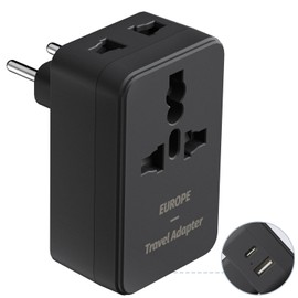 FUNPRO European Travel Plug Adapter, International Power Plug with Type C, Universal Outlet, American Outlet and USB Ports for US to Most of Europe EU Iceland Spain Italy France Germany