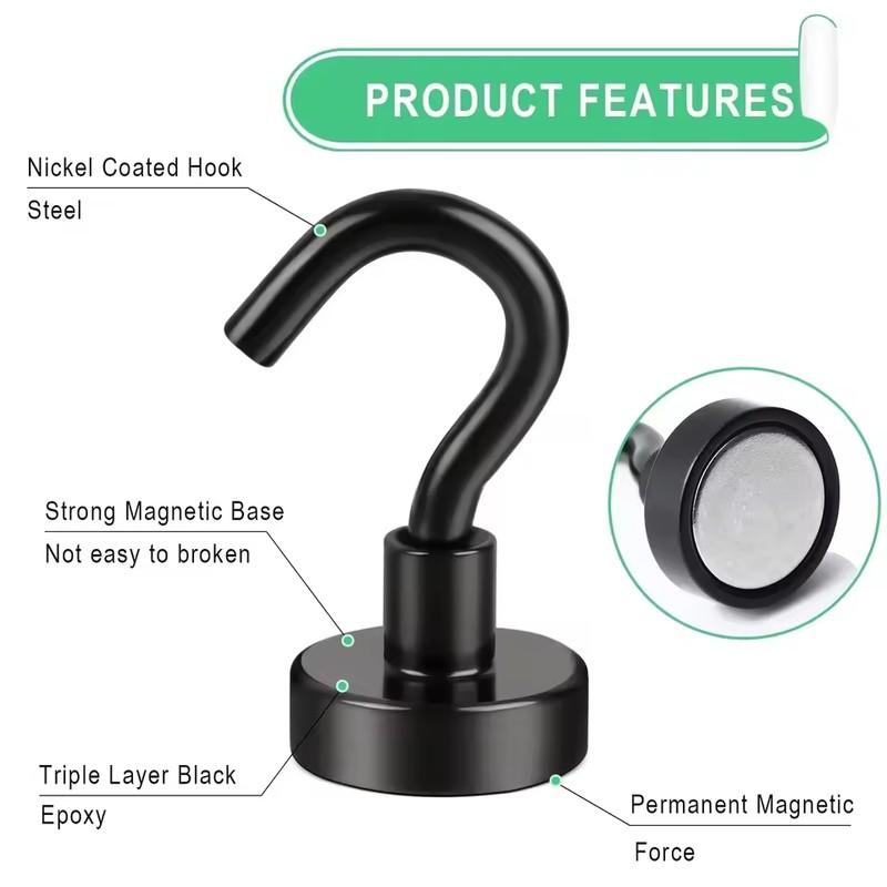 2-Pack of 10 Magnetic Hooks, 25LB Strong Heavy Duty Black