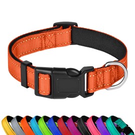 PWOD Reflective Dog Collar, Adjustable Soft Neoprene Padded Nylon Pet Collars with Buckle for Medium Dogs, Orange,M