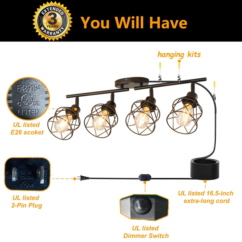 vivihobb Dimmable 4 Light Plug in Ceiling Light,Black Plug in