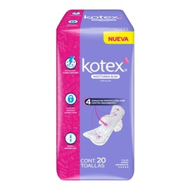 Kotex Nocturna Slim Con Alas, Toalla Femenina, Paquete con 20 Toallas, Ideal para Flujo Súper Abundante