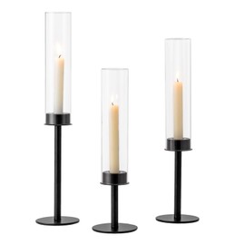 Hewory Black Candlestick Holders Hurricane Candle Holder, 3Pcs Candle Stick Candle Holder Candelabra, Taper Candle Holders with Glass Candle Cover for Wedding Table Centerpiece Christmas Decor