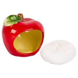Farmhouse Decor Kitchen Sink Scrubby Holder Ceramic - With Nylon Dish Scrubber (Red Apple)