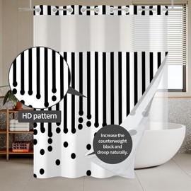 Meiguiman No Hook Shower Curtain with Snap in Liner Black and White Striped Shower Curtain Modern Polka Dot Shower Curtains for Bathroom Hotel Style Fabric Washable 71x74 Inch