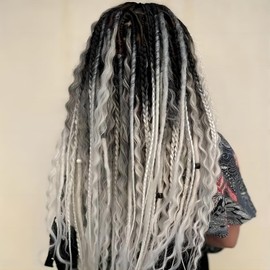 Double Ended Dreadlock Extensions 24 Inch Gray to White Dreads Set Synthetic Curly Ends Hippie Style Boho Wavy Dreads 10 Strands Handmade Dreads(24Inch Curly,Gray/White#） …