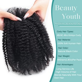 beautyyouth Afro Kinkys Bulk Human Hair (50Gram/Pack), Braiding Hair for Dreadlocks Extensions, Loc Repair, Twists, Braids - 100% Bulk Natural Human Hair - Black 14 Inch