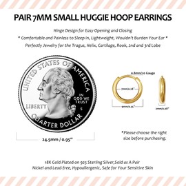 925 Sterling Silver Small Gold Hoop Earrings for Women Men,18K Gold Plated Hinge Huggie Hoop Earrings fit Cartilage, Helix, Tragus, Sung, Earlobe Lightweight Hypoallergenic Earrings (1 Pair - 7mm)
