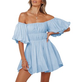 Dokotoo Summer Off Shoulder Wedding Guest Dresses for Women 2025 Short Puff Sleeve Blue Dress Elastic Waist Ruffle A-Line Casual Mini Beach Dress Large