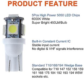 194 bombillas LED de 6000 K, color blanco, 168 T10 2825 5SMD, bombillas LED de repuesto para coche, mapa, puerta, cortesía, placa de matrícula de tablero (10 unidades)