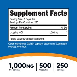 Nutricost L-Lysine 1000mg Per Serving, 250 Servings, 500 Capsules - Gluten Free, Non-GMO, 500mg Per Capsule