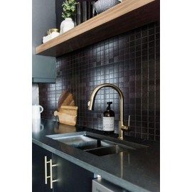 5 Sheets Self-Adhesive Aluminum Mosaic Peel and Stick Metal Tiles 3D Wall Sticker Panel Backsplash for Kitchen & Bathroom (12"x12" Bronze) (Black)