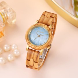 woodwear Ladies Olive Wood Watch with Blue Mother of Pearl Dial Wrist Watch Wooden Watch Sky Blue Edition Japanese Brands Quartz Movement (Sky Blue), blue