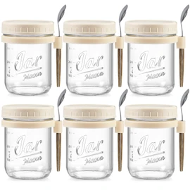 6 Pack Overnight Oats Containers with Lids and Spoons, 16 oz Glass Mason Overnight Oats Jars, Large Capacity Airtight Jars for Milk, Cereal, Fruit(Beige）