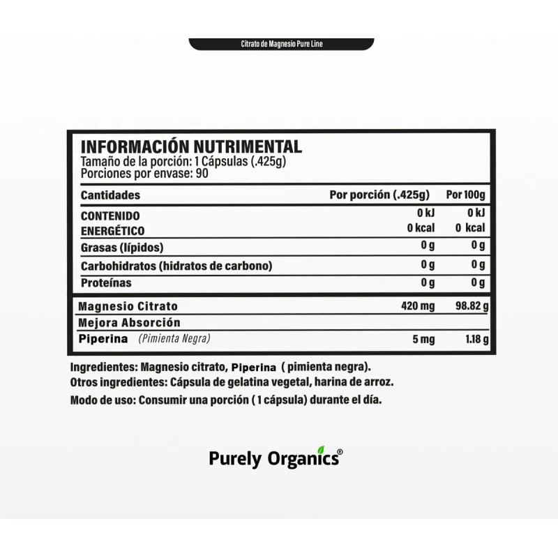 Citrato De Magnesio 90 Cáps Purely Organics