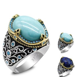 SKOOMEN Sterling Silver Men Ring, Silver Turquoise Ring with Jewelry Box, Turkish Bohe Oval Bike Ring for Women, Anniversary Birthday Christmas Man Fine Jewelry Gift Band (Size 9)