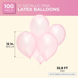 Blue Panda 12 Inch Metallic Latex Balloons (100 Count), Light Pink